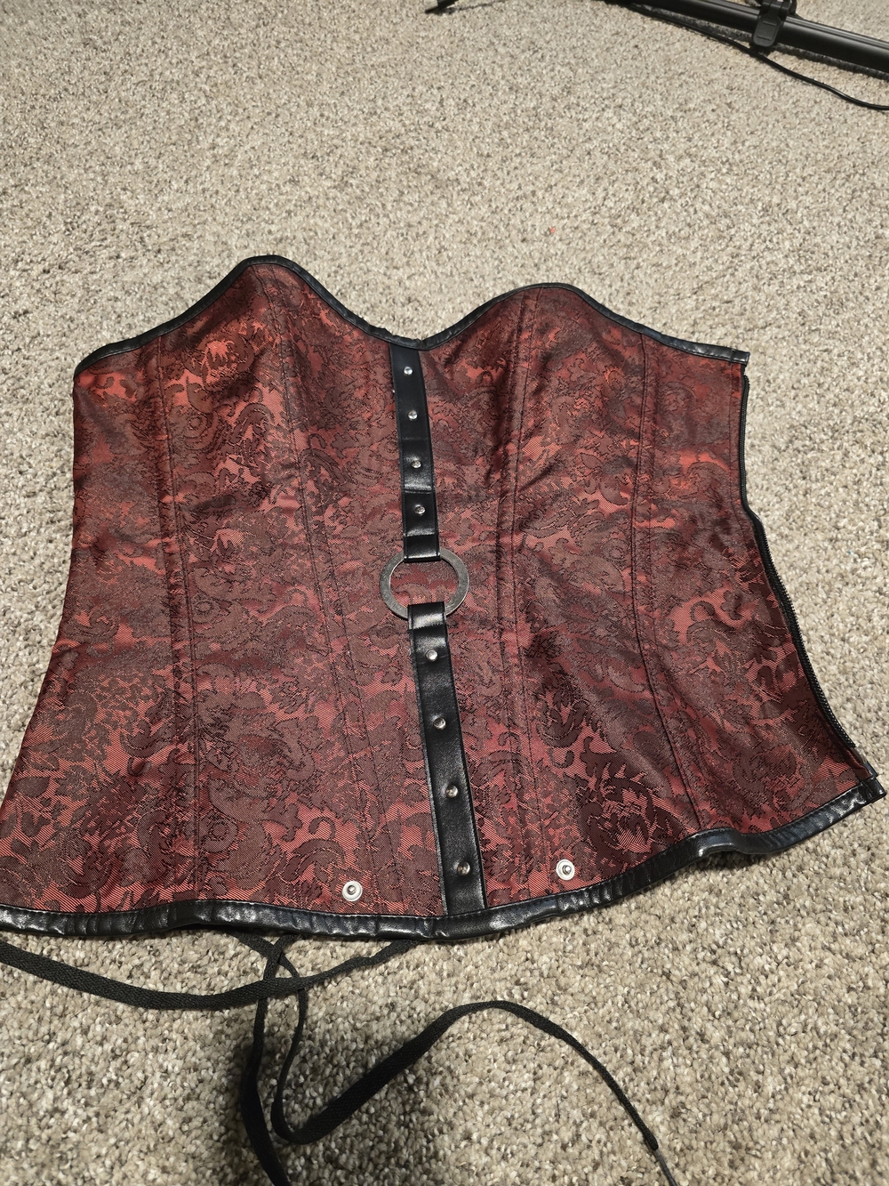 Red Brocade Overbust Corset with Black Trim